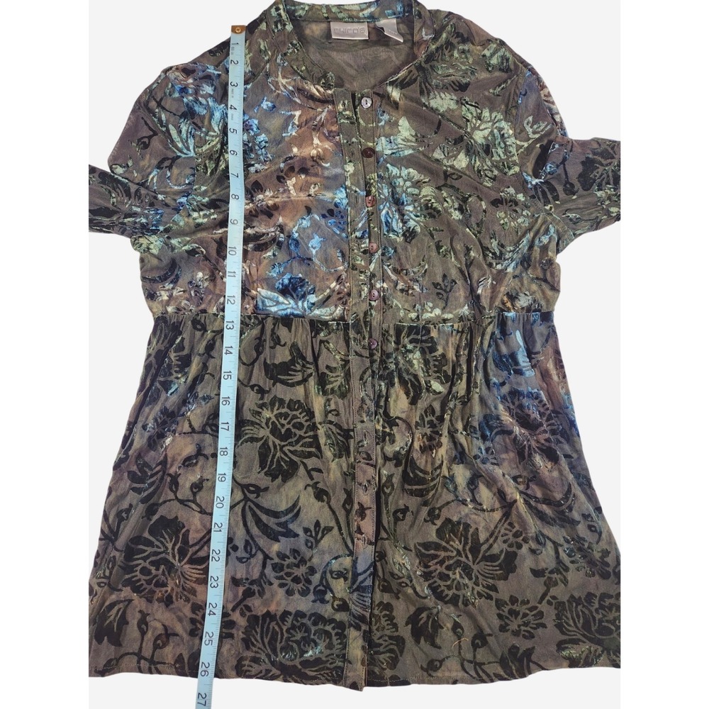 Chicos Dark Green Teal Floral Velvet Burnout Long Sleeve Button Up Blouse Size 0